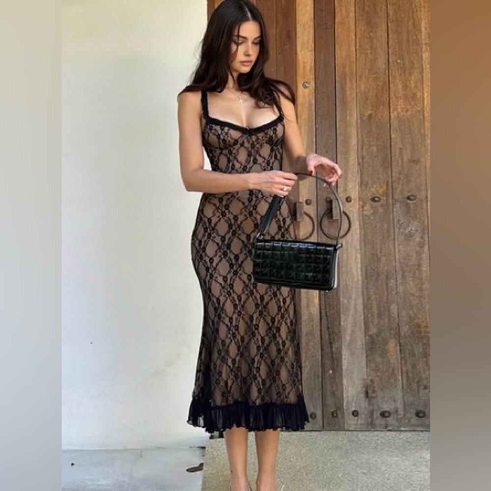 NWT Commense Black Lace Sultry Midi Dress w bow